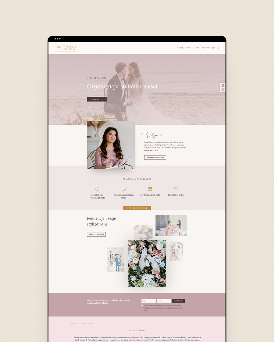 Strona internetowa: Weddings by Caroline: identyfikacja wizualna marki - branża ślubna: wedding planner | logo, paleta barw, strona internetowa, blog ślubny | Portfolio Moyemu